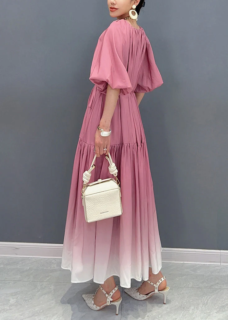 Stylish Gradient Pink Puff Sleeve Wrinkled Patchwork Cotton Long Dresses - Image 5