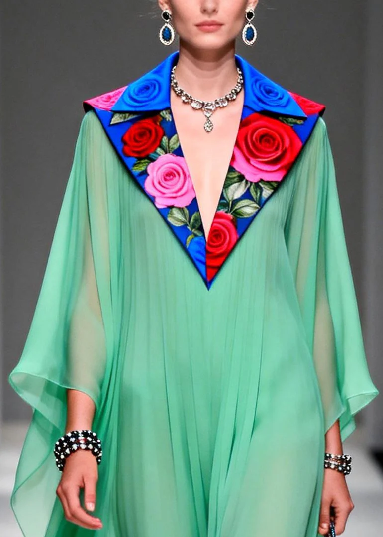 Stylish Grass Green Peter Pan Collar Patchwork Chiffon Dresses Summer - Image 2