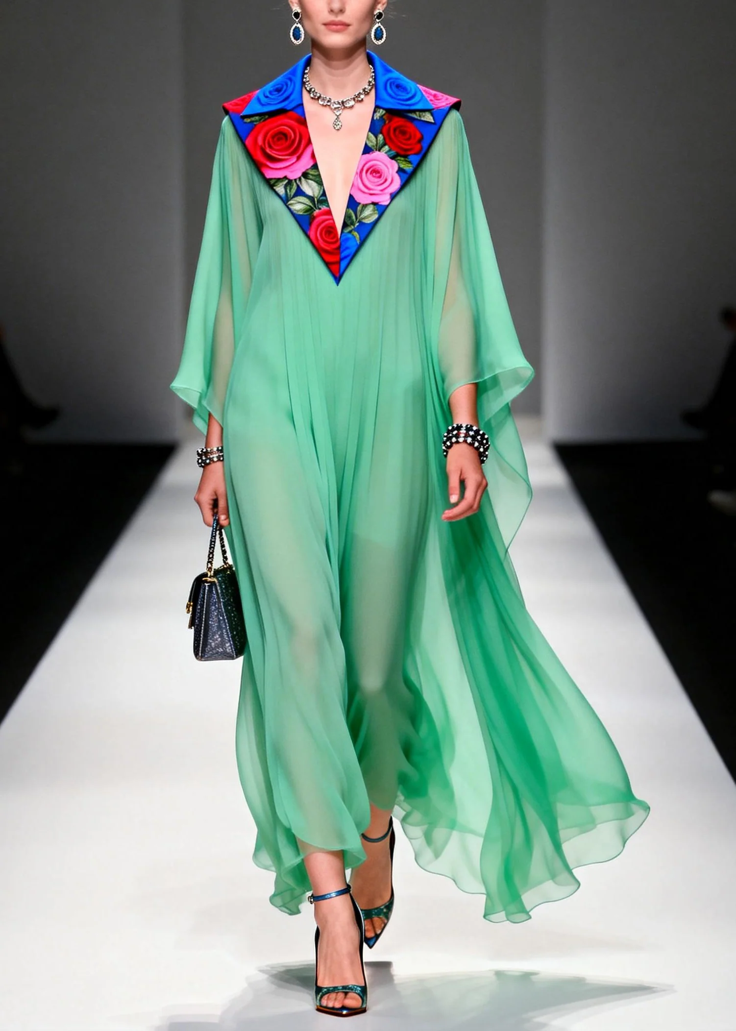 Stylish Grass Green Peter Pan Collar Patchwork Chiffon Dresses Summer - Image 3