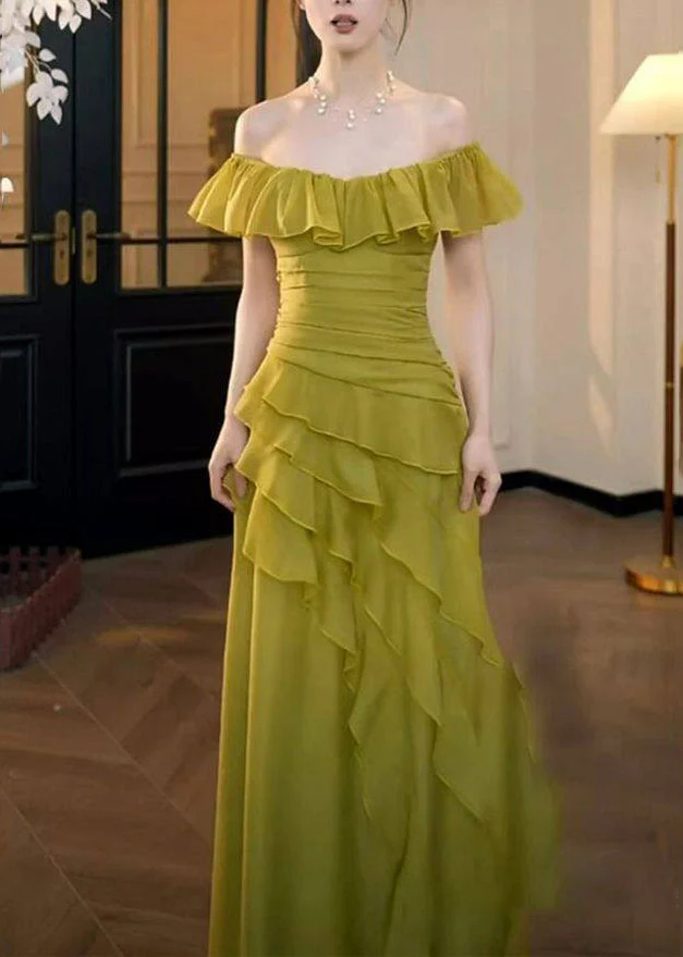 Stylish Grass Green Ruffled Asymmetrical Design Chiffon Party Dress Summer - Image 4