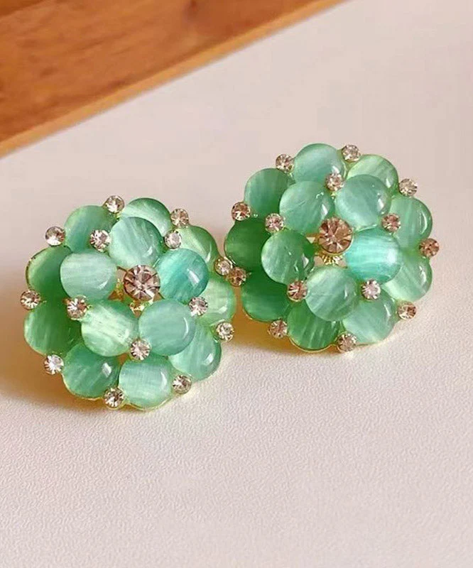 Stylish Green Alloy Zircon Floral Cat's Eye Stud Earrings