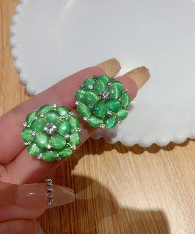 Stylish Green Alloy Zircon Floral Cat's Eye Stud Earrings - Image 5