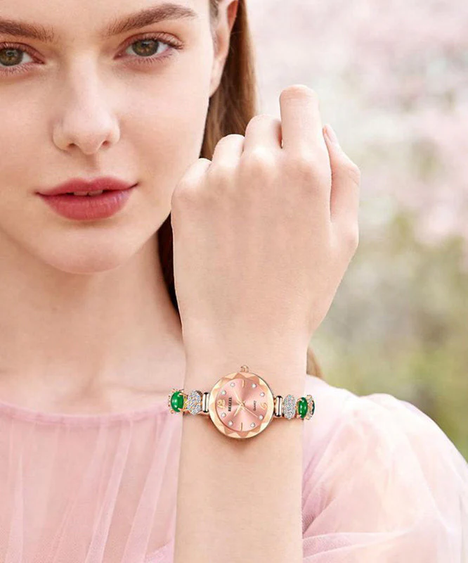 Stylish Green Alloy Zircon Jade Gem Stone Quartz Movement Watches - Image 2