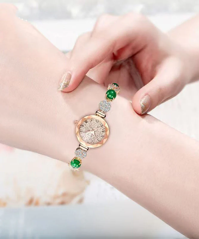 Stylish Green Alloy Zircon Jade Gem Stone Quartz Movement Watches - Image 3
