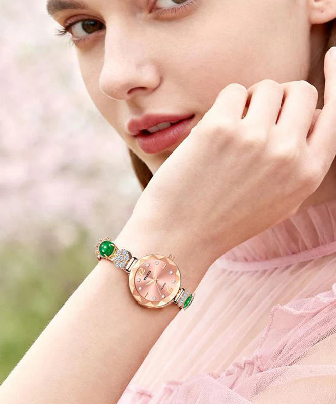 Stylish Green Alloy Zircon Jade Gem Stone Quartz Movement Watches - Image 4