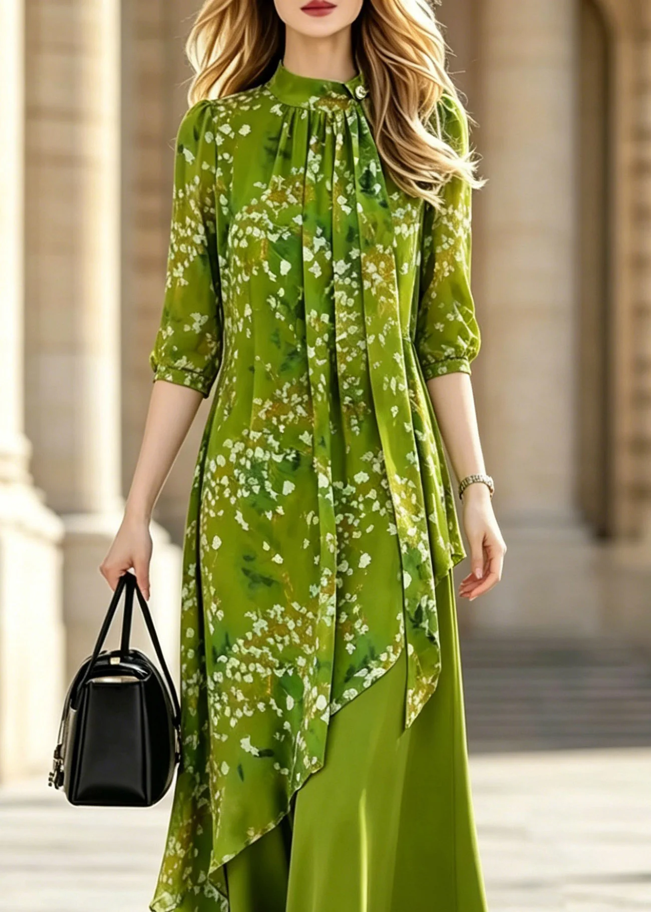Stylish Green Asymmetrical Print Wrinkled Long Dresses Half Sleeve - Image 2