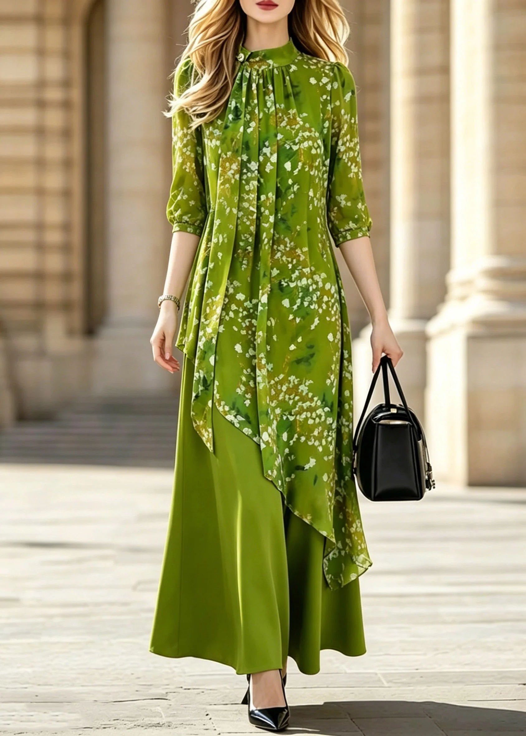 Stylish Green Asymmetrical Print Wrinkled Long Dresses Half Sleeve - Image 3