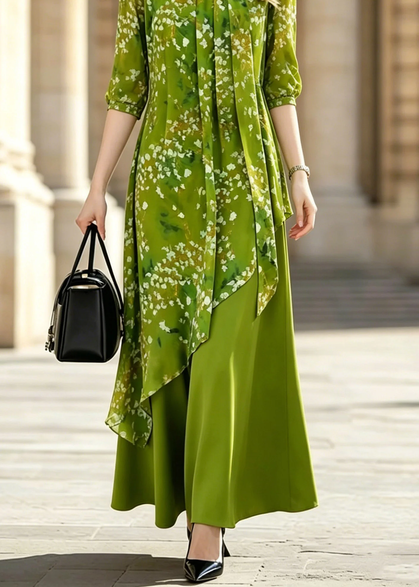 Stylish Green Asymmetrical Print Wrinkled Long Dresses Half Sleeve - Image 4