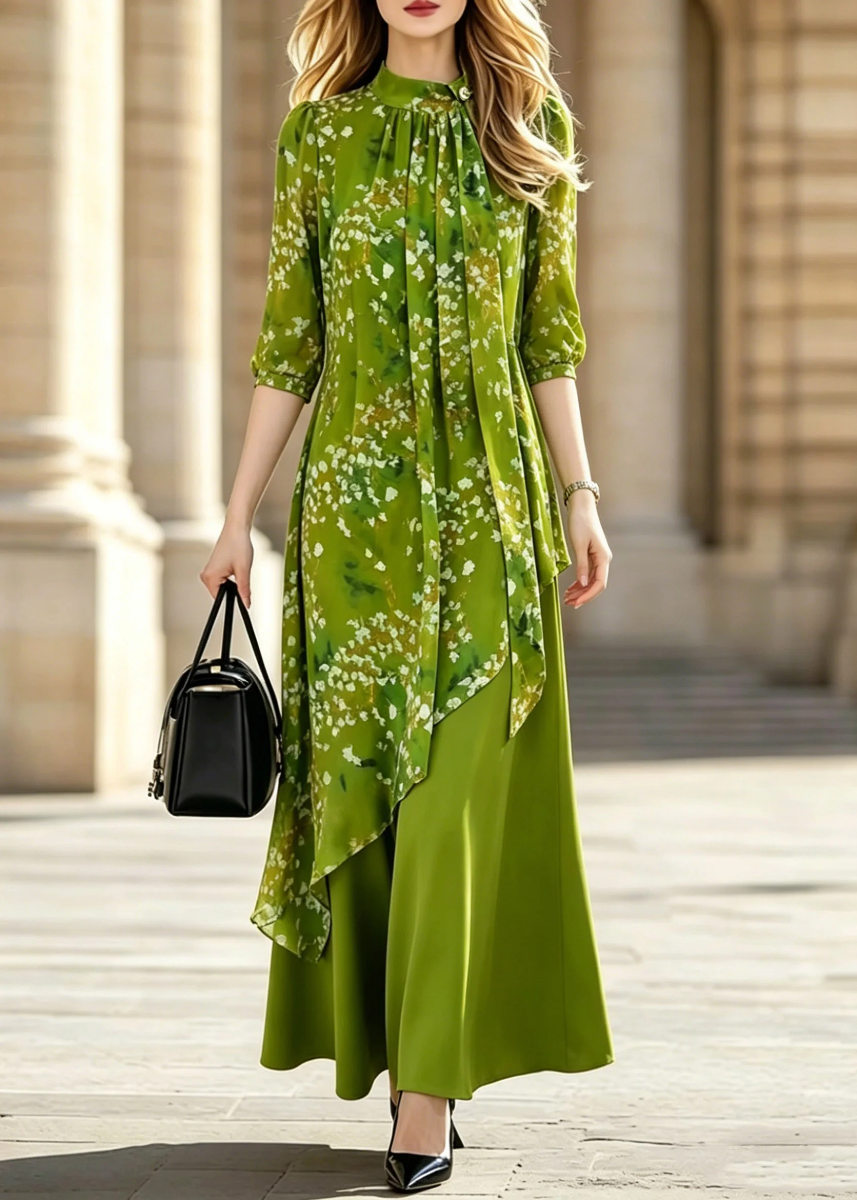 Stylish Green Asymmetrical Print Wrinkled Long Dresses Half Sleeve - Image 5