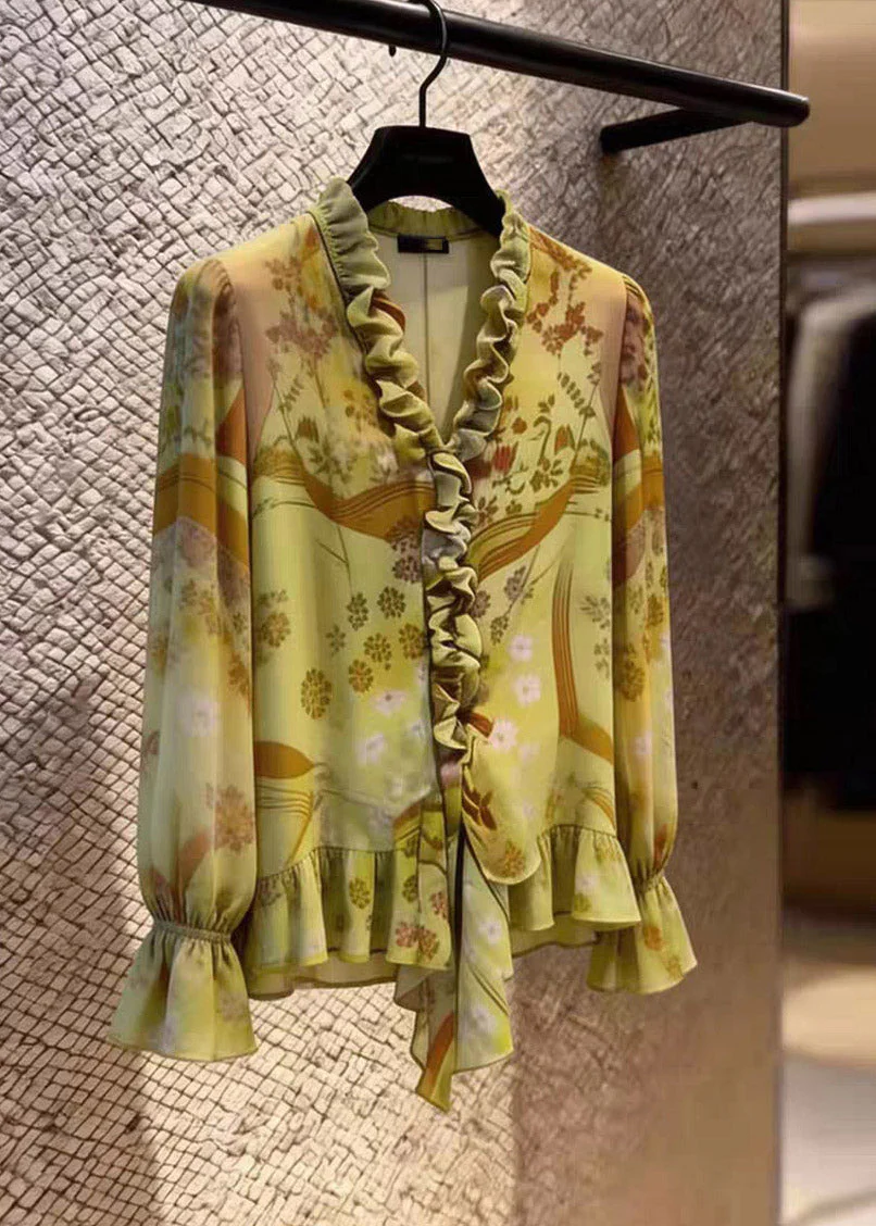 Stylish Green Asymmetrical Ruffled Patchwork Shirts Flare Sleeve - Image 2