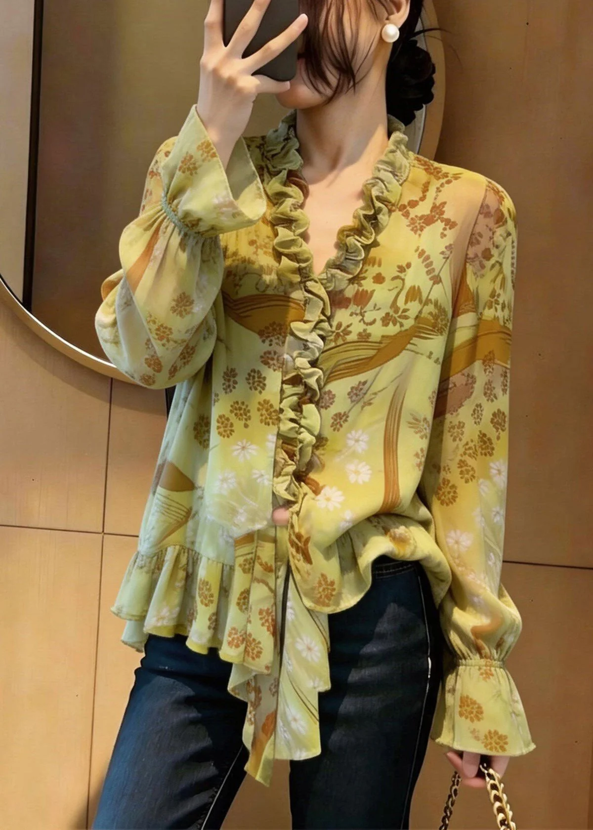 Stylish Green Asymmetrical Ruffled Patchwork Shirts Flare Sleeve - Image 3