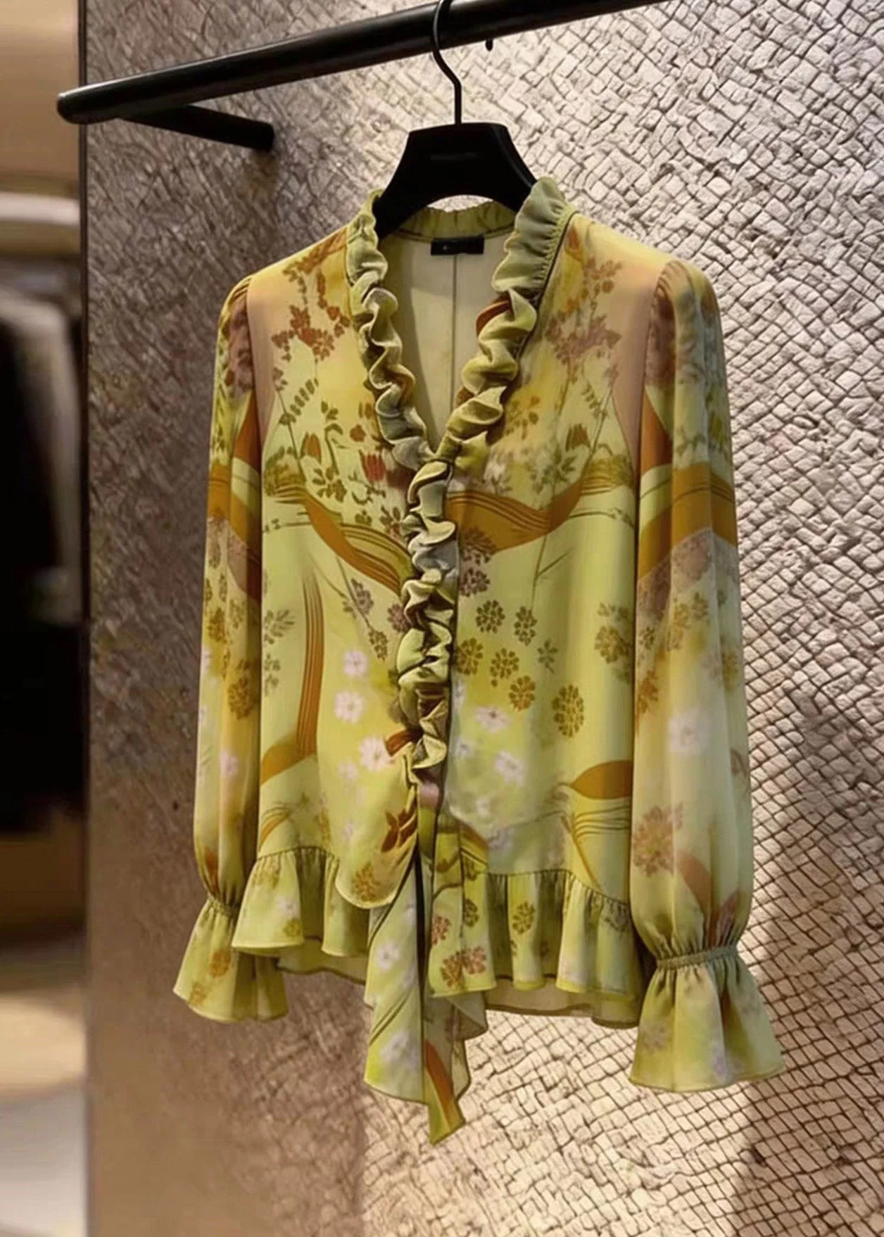 Stylish Green Asymmetrical Ruffled Patchwork Shirts Flare Sleeve - Image 4