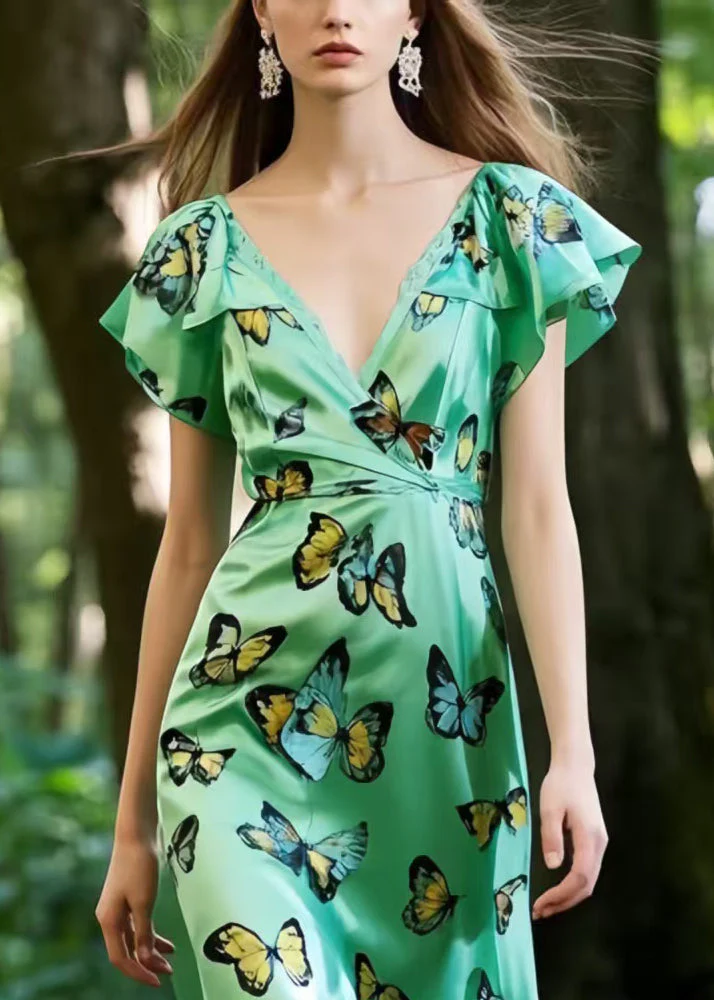 Stylish Green Butterfly Patchwork Silk Long Dresses Summer - Image 2