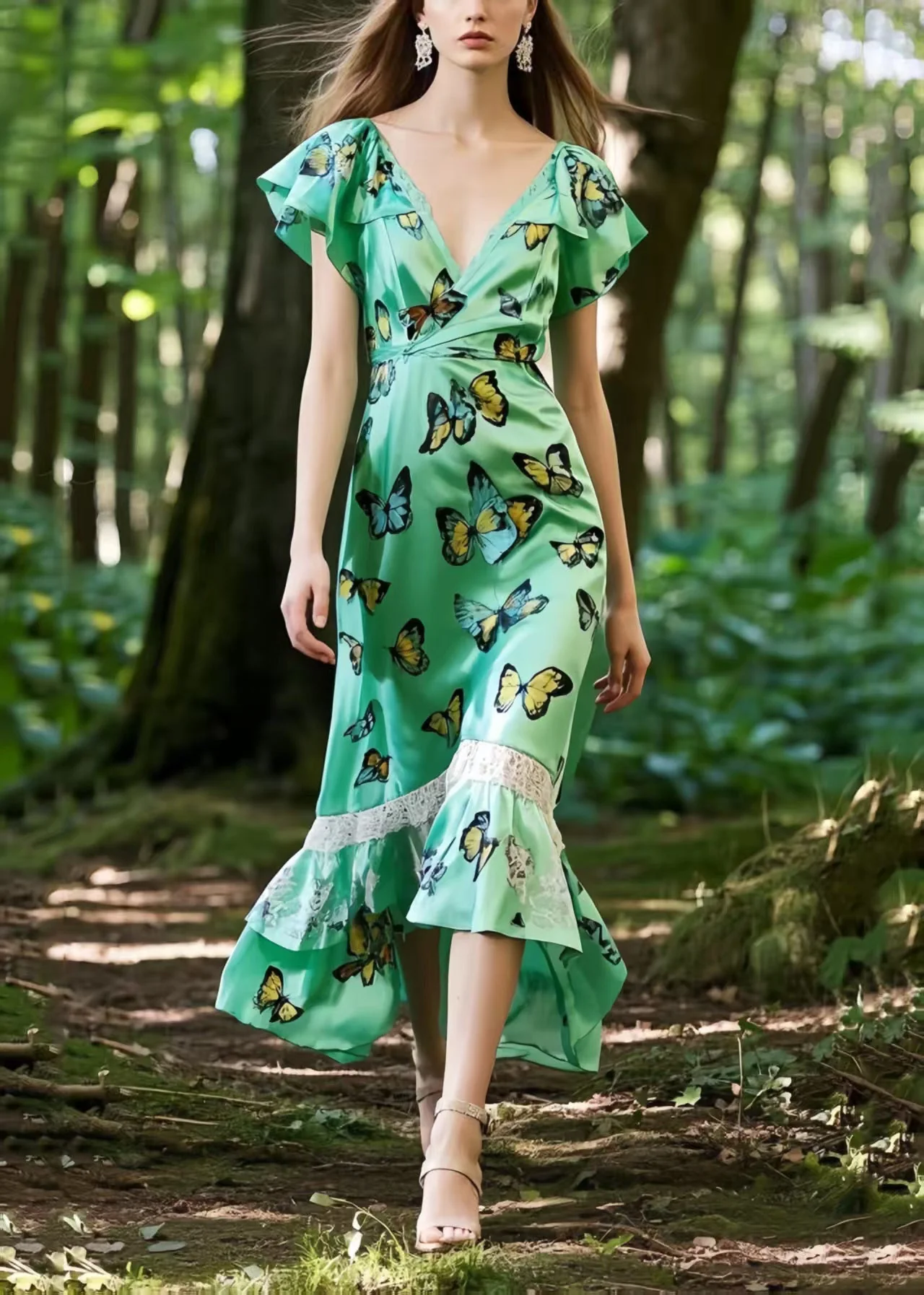 Stylish Green Butterfly Patchwork Silk Long Dresses Summer - Image 3