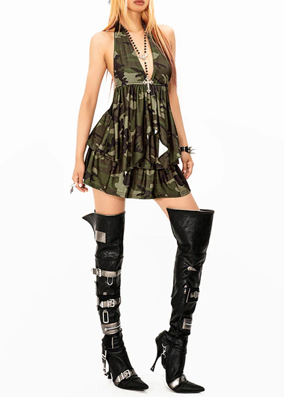Stylish Green Camouflage V Neck Wrinkled Mid Dress Sleeveless - Image 3