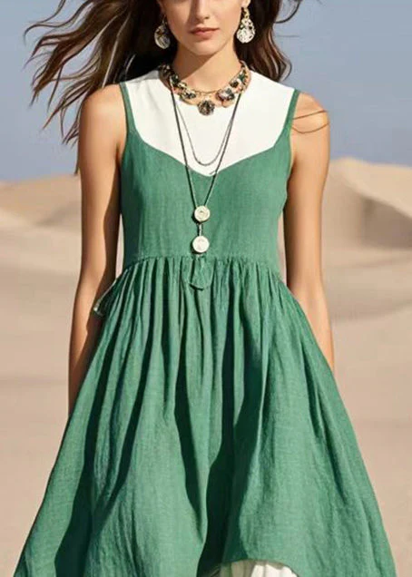 Stylish Green Exra Large Hem Patchwork Cotton Fake Two Piece Dress Sleeveless - Image 2