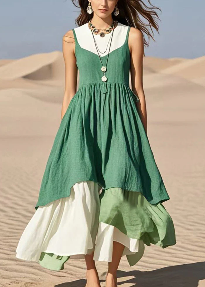 Stylish Green Exra Large Hem Patchwork Cotton Fake Two Piece Dress Sleeveless - Image 3