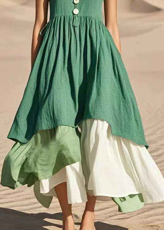 Stylish Green Exra Large Hem Patchwork Cotton Fake Two Piece Dress Sleeveless - Image 4