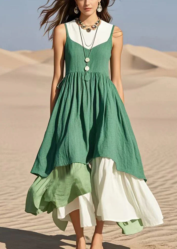 Stylish Green Exra Large Hem Patchwork Cotton Fake Two Piece Dress Sleeveless - Image 5
