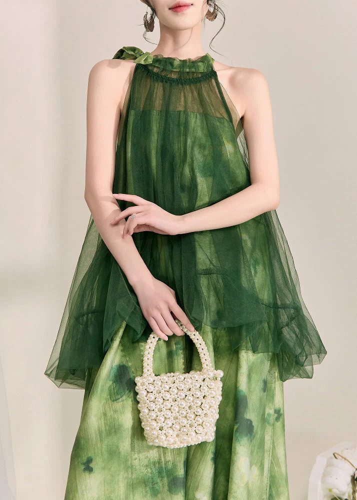 Stylish Green Halter Backless Fake Two Pieces Tulle Long Dress Sleeveless - Image 2