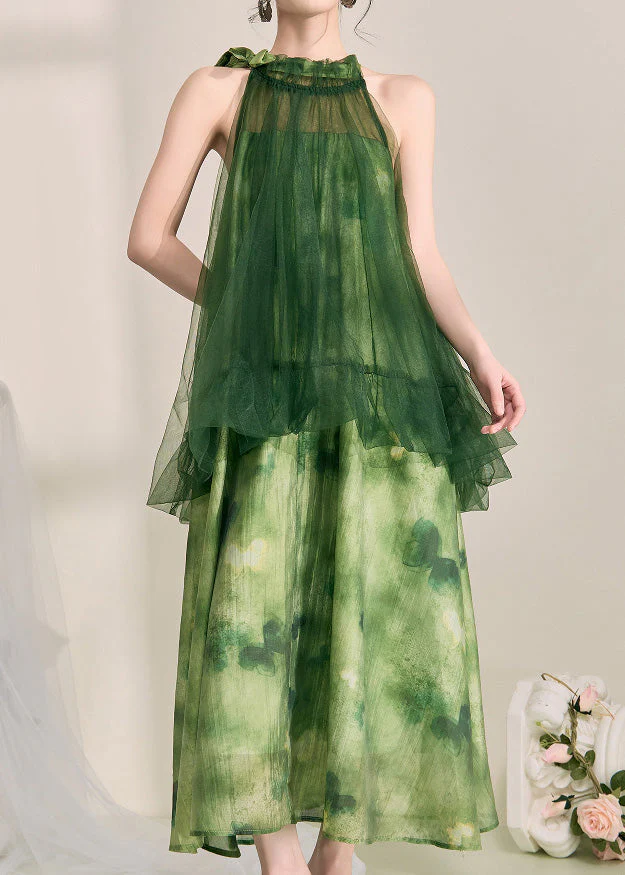 Stylish Green Halter Backless Fake Two Pieces Tulle Long Dress Sleeveless - Image 3