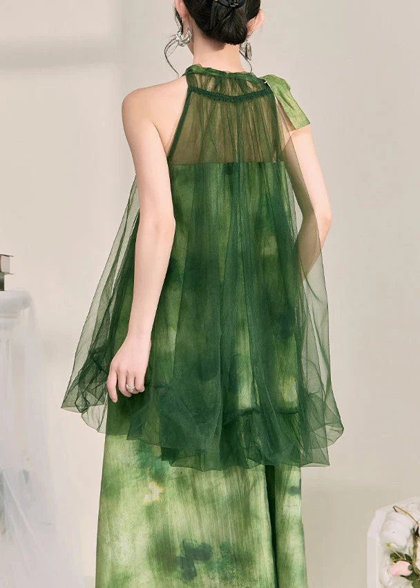 Stylish Green Halter Backless Fake Two Pieces Tulle Long Dress Sleeveless - Image 5