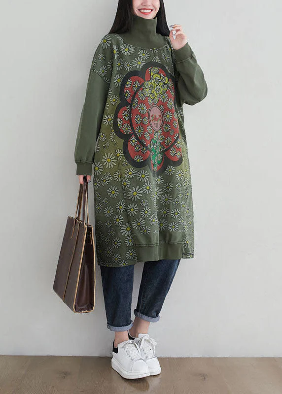 Stylish Green Hign Neck Patchwork Cotton Mid Dress Spring - Image 2