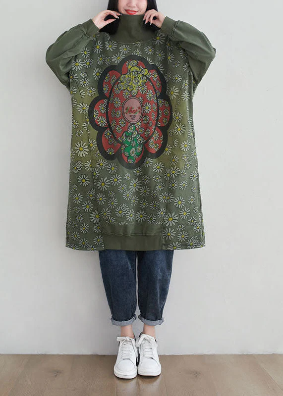 Stylish Green Hign Neck Patchwork Cotton Mid Dress Spring - Image 3