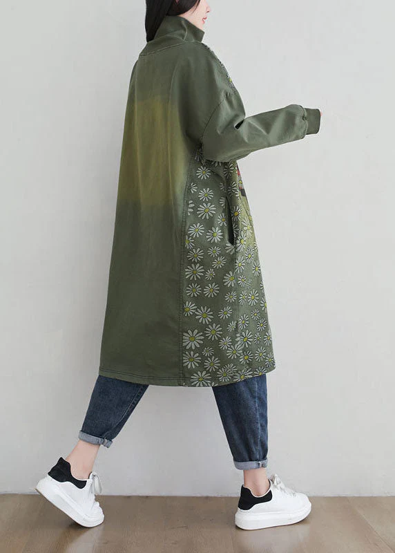 Stylish Green Hign Neck Patchwork Cotton Mid Dress Spring - Image 4