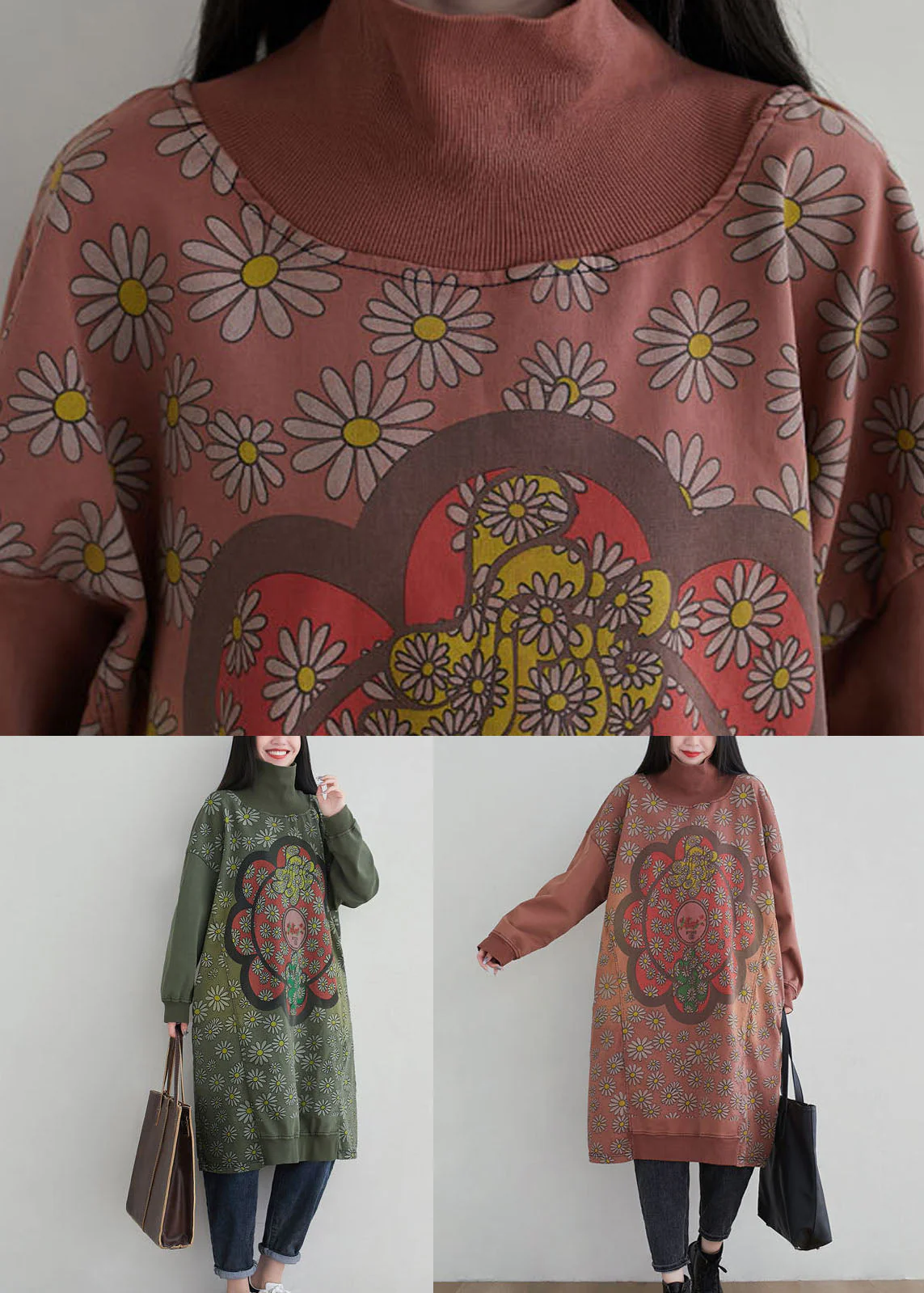 Stylish Green Hign Neck Patchwork Cotton Mid Dress Spring - Image 5