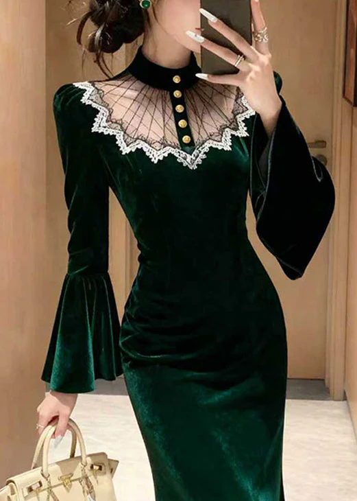 Stylish Green Lace Patchwork Silk Velvet Long Dress Flare Sleeve - Image 2