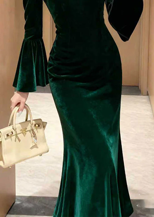 Stylish Green Lace Patchwork Silk Velvet Long Dress Flare Sleeve - Image 3