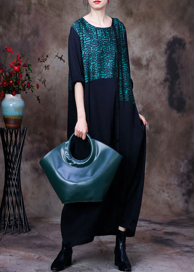 Stylish Green O-Neck Asymmetrical Patchwork Curve Silk Long Dress Long Sleeve - Image 2