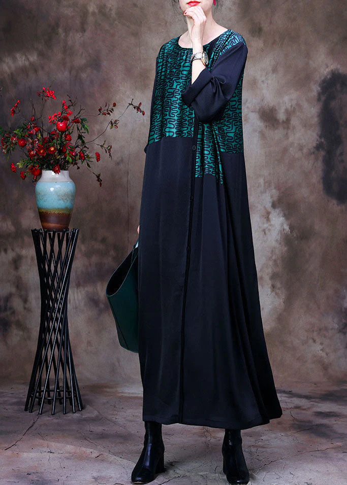 Stylish Green O-Neck Asymmetrical Patchwork Curve Silk Long Dress Long Sleeve - Image 3