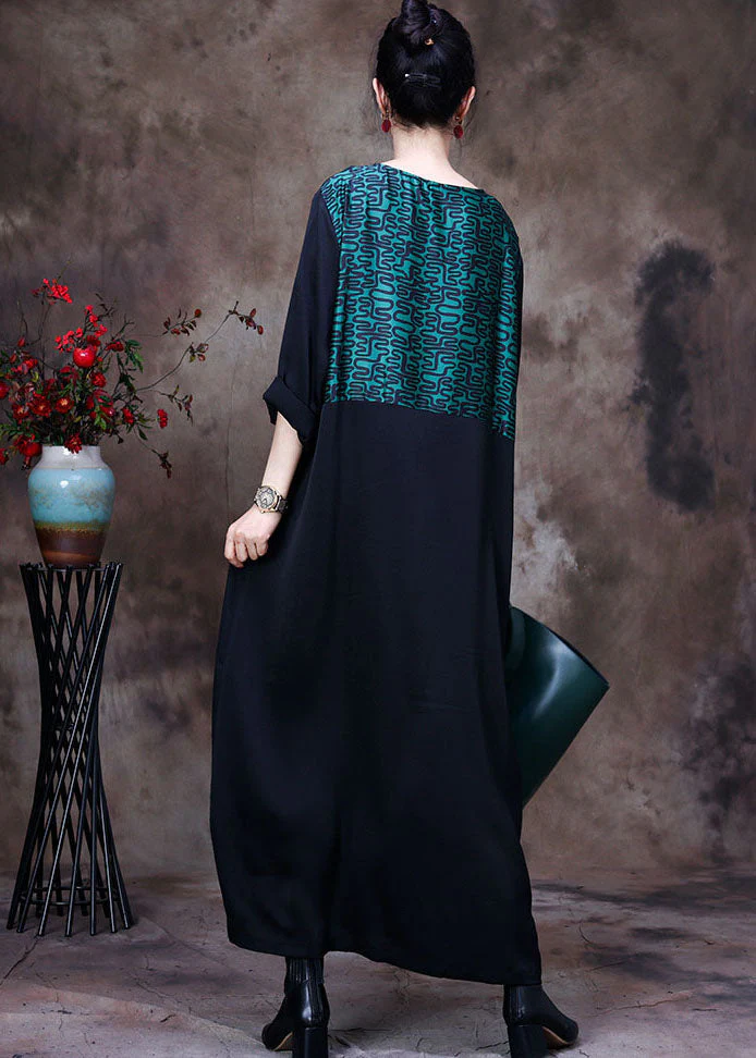 Stylish Green O-Neck Asymmetrical Patchwork Curve Silk Long Dress Long Sleeve - Image 4