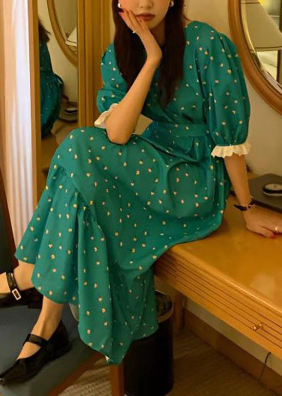 Stylish Green O Neck Lace Wrinkled Patchwork Chiffon Dresses Summer - Image 2