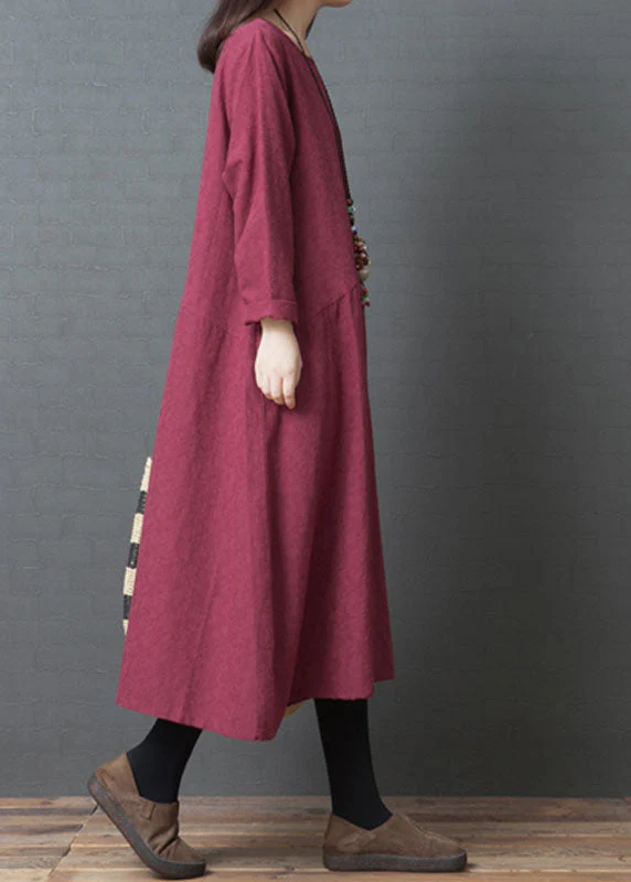 Stylish Green O-Neck Patchwork Linen Dresses Spring - Image 4
