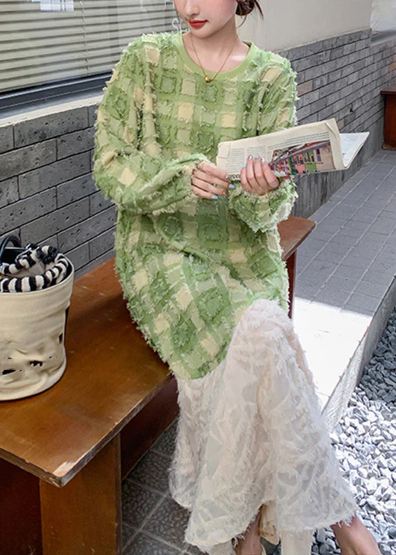 Stylish Green O-Neck Plaid Patchwork Long Dress Spring - Image 2