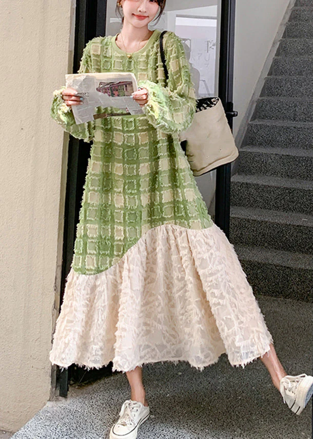 Stylish Green O-Neck Plaid Patchwork Long Dress Spring - Image 3