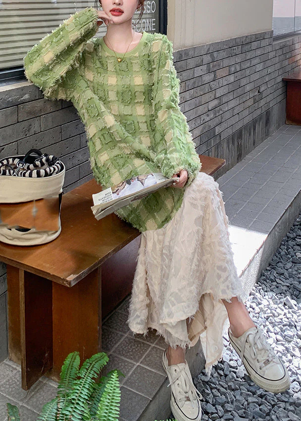 Stylish Green O-Neck Plaid Patchwork Long Dress Spring - Image 4