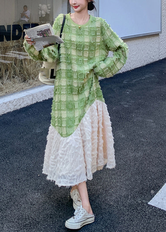 Stylish Green O-Neck Plaid Patchwork Long Dress Spring - Image 5