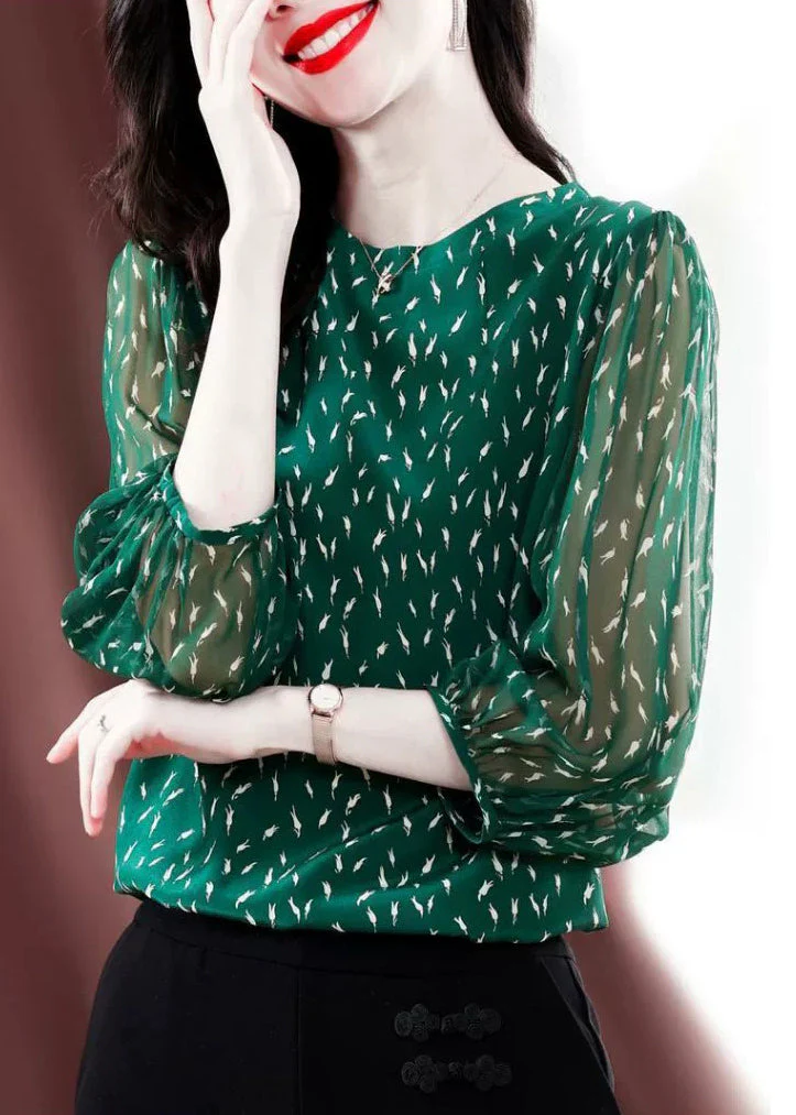 Stylish Green O-Neck Print Chiffon Shirt Bracelet Sleeve - Image 2
