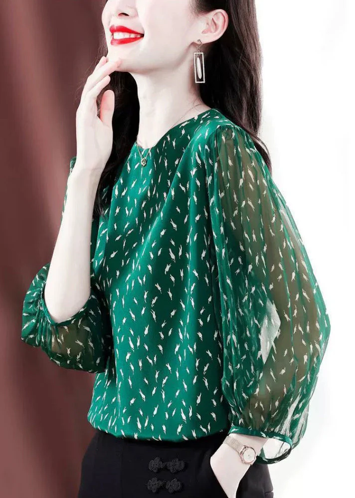 Stylish Green O-Neck Print Chiffon Shirt Bracelet Sleeve - Image 3