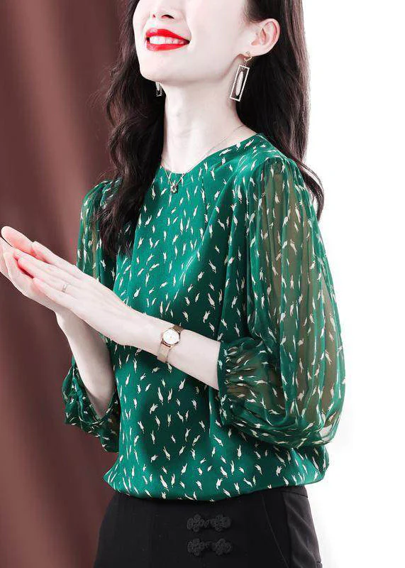 Stylish Green O-Neck Print Chiffon Shirt Bracelet Sleeve - Image 4