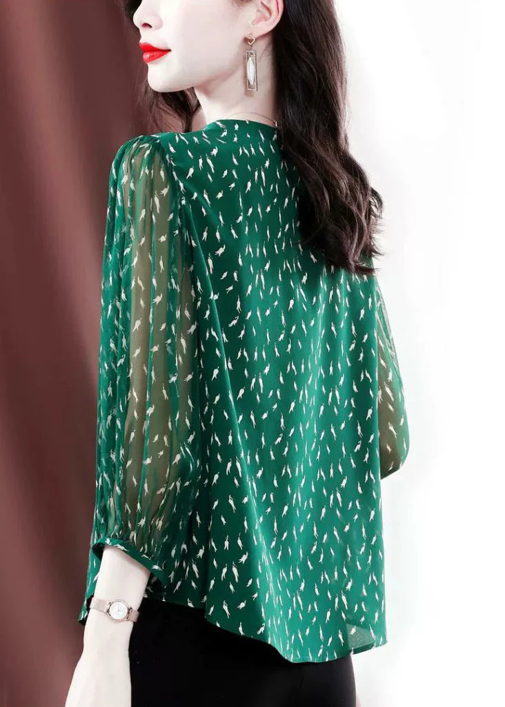 Stylish Green O-Neck Print Chiffon Shirt Bracelet Sleeve - Image 5