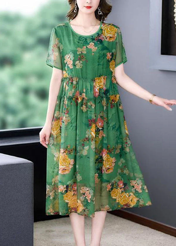 Stylish Green O-Neck Ruffled Print Patchwork Silk Dresses Summer - Image 2