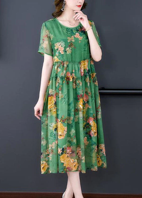 Stylish Green O-Neck Ruffled Print Patchwork Silk Dresses Summer - Image 3