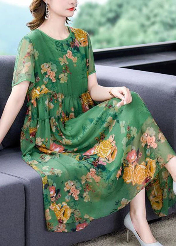 Stylish Green O-Neck Ruffled Print Patchwork Silk Dresses Summer - Image 5