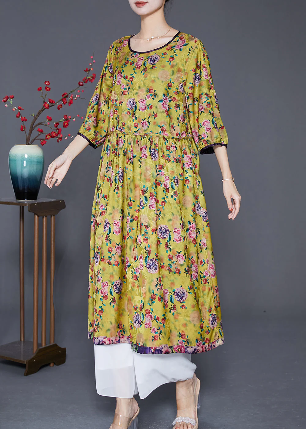 Stylish Green Oversized Print Wear On Both Sides Silk Long Dresses Summer - Image 2