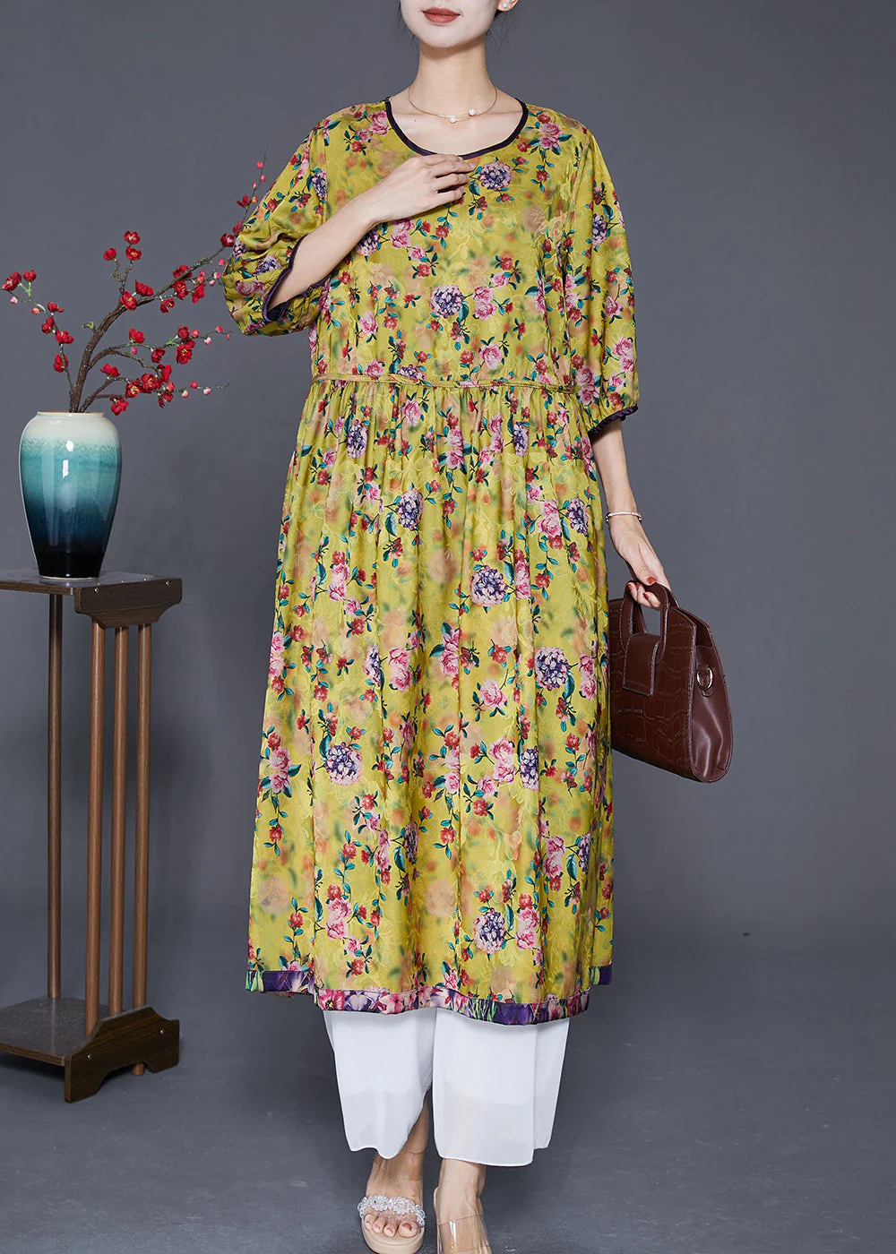 Stylish Green Oversized Print Wear On Both Sides Silk Long Dresses Summer - Image 3